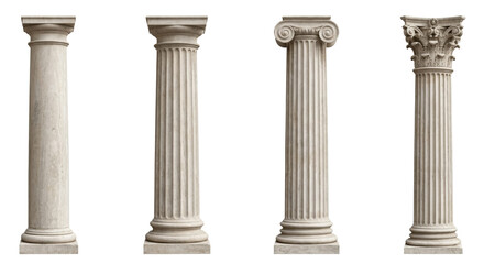 Naklejka premium Classic architectural stone columns showing orders, isolated on transparent background