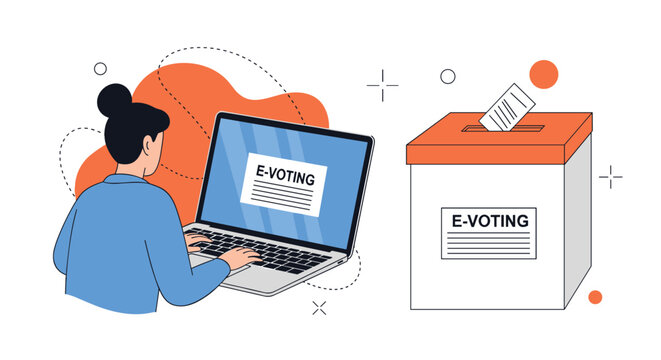 Modern concept of electronic voting showing a woman using her laptop to cast a vote into a digital and physical ballot box container.