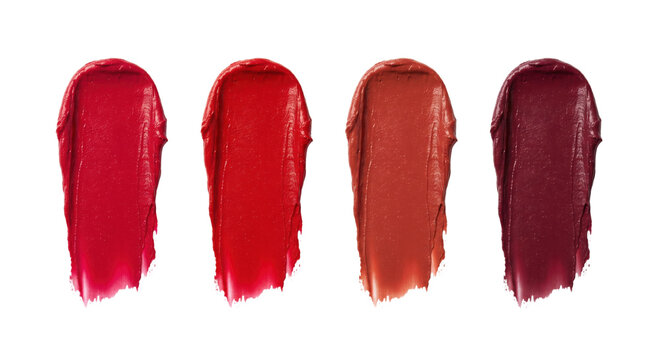 Red and burgundy liquid lipstick smudges set, isolated on transparent background