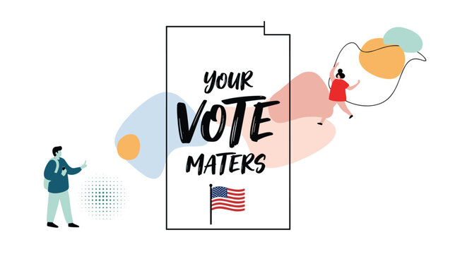 Patriotic poster with text your vote matters featuring the american flag and people engaged in civic activities on a colorful background.