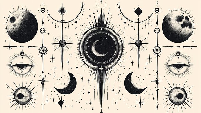 Intricate Surreal Celestial Diagram Featuring Moons, Eyes, Stars, and Geometric Ornaments