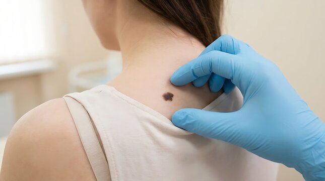 Medical professional checking skin mole on patient for skin cancer diagnosis with dermatology examination diagnosis clinical