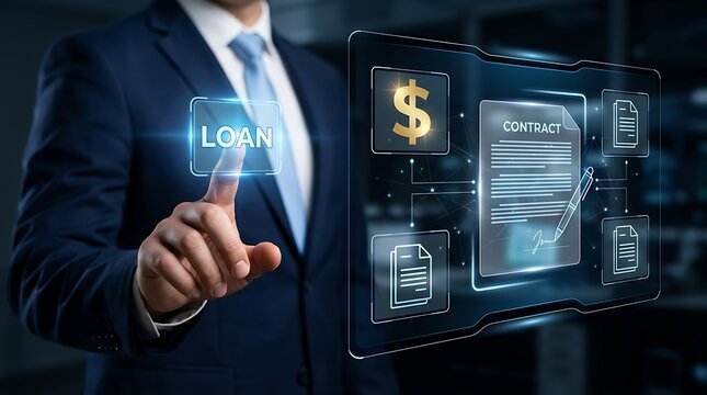 Businessman using digital interface to process loan application approval with business interface technology contract approval