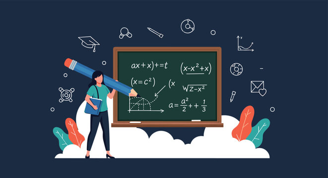 Teacher or student holding a giant pencil while writing complex mathematical formulas on a classroom chalkboard for education.