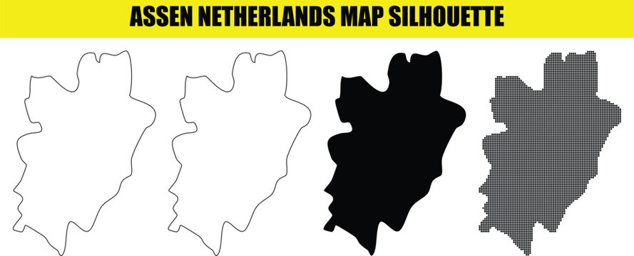 Assen netherlands map silhouette collection with black outline and pixelated dot pattern on transparent backdrop.