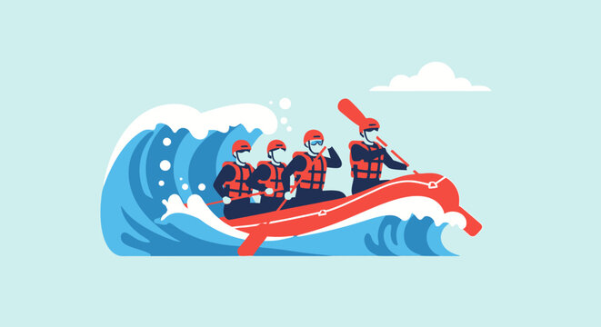 Rafting adventure: Team navigating waves in inflatable boat