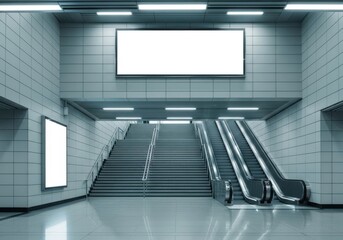 Fototapeta premium Empty white billboard mockups in an underground subway station with escalator