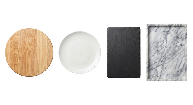 Various wood slate and marble serving boards, isolated on transparent background