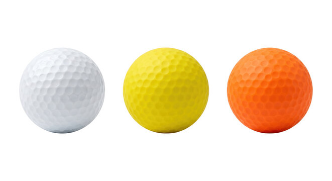 White yellow and orange golf balls collection, isolated on transparent background