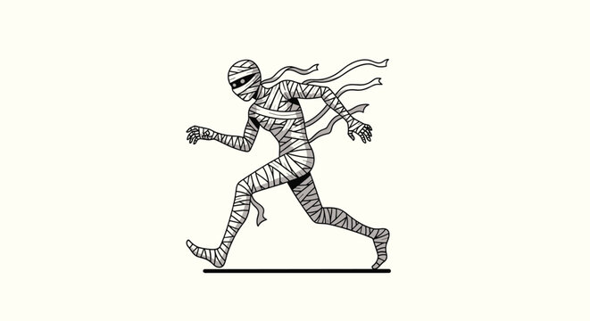 Dynamic black and white illustration of an ancient egyptian mummy running quickly with loose bandages flying in the wind.
