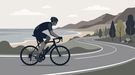 Fototapeta premium Cyclist riding bike on coastal road, vector illustration