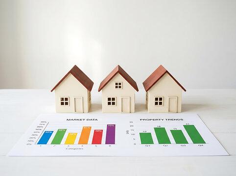 Three model houses sit on a table with market data and property trends graphs home