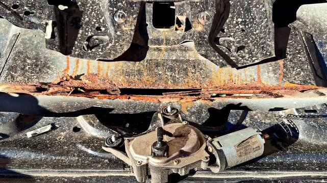 Close-up of a rusty car tailgate or rear wiper mechanism with exposed metal frame, corrosion, wiring, bolts, and automotive repair details.
