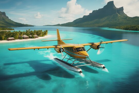 Seaplane taking off over tropical turquoise lagoon with mountains