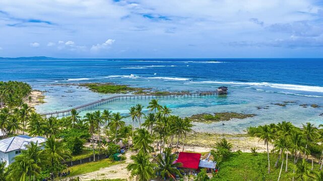 Famous Cloud 9 Boardwalk And Surfing Area On Siargao Island, Philippines. high angle shot, timelapse