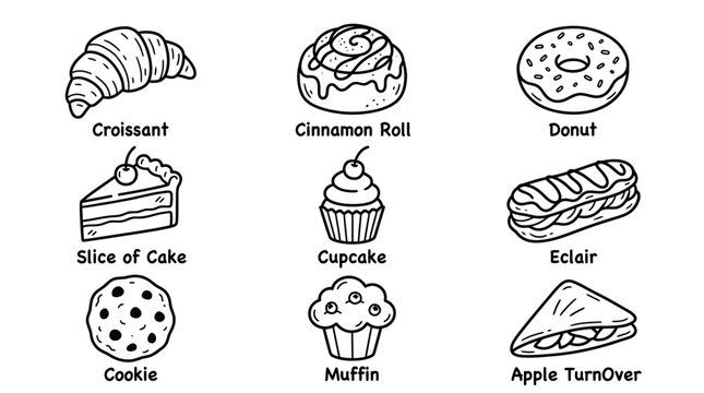 Bakery Delights: Hand-drawn desserts, pastries, and treats on white.