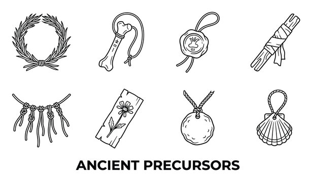 Ancient precursors objects and symbols including amphora tripod crown stele rock cairn horn tapestry shield.