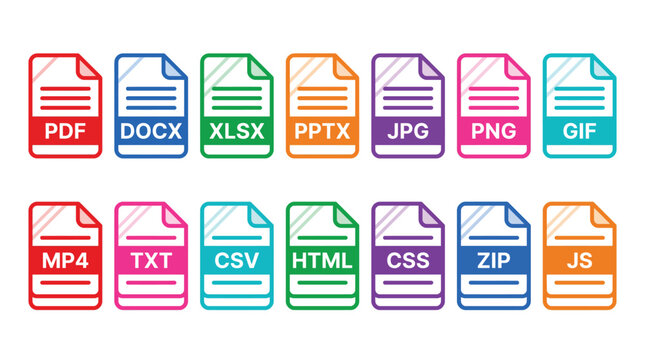 Colorful file type icons for various digital formats