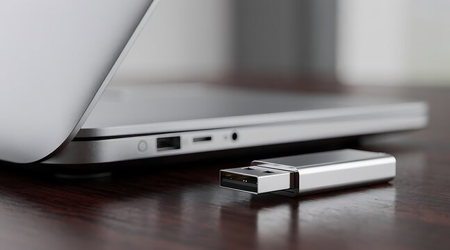 Close-up of a silver USB flash drive next to a laptop computer.