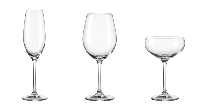 Empty crystal clear wine and champagne glasses, isolated on transparent background