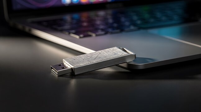 Close-up of a USB flash drive connected to a laptop computer.