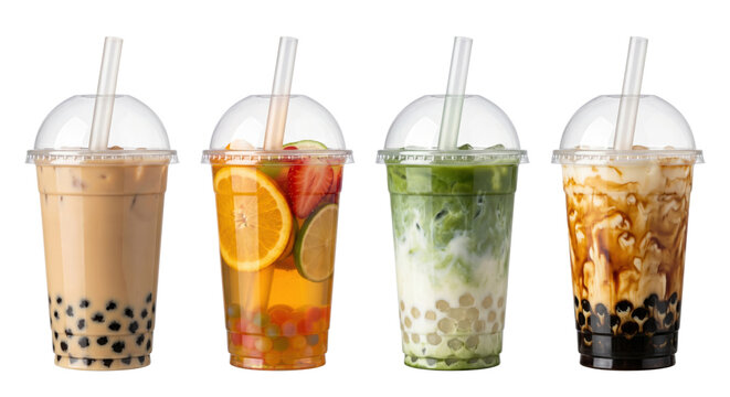 Assorted iced boba and fruit tea drinks, isolated on transparent background