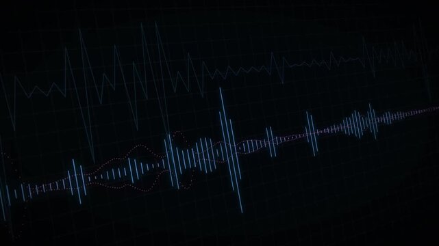Complex multi-layered audio waveform visualizer with glowing blue sound bars and dotted sound wave parameters bouncing over a dark grid matrix background.
