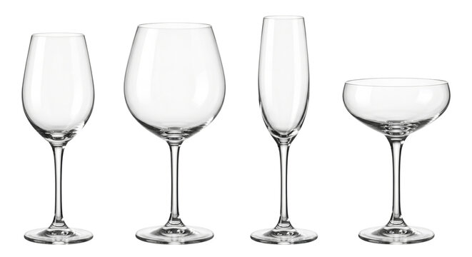 Empty crystal clear wine and cocktail glasses collection, isolated on transparent background