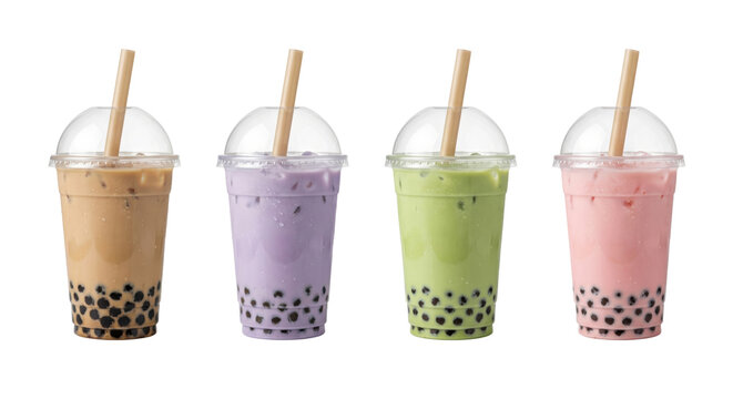 Assorted bubble boba milk tea drinks set, isolated on transparent background