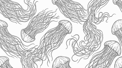 Jellyfish seamless pattern, hand-drawn illustration, marine life, ocean creatures, black and white © fanya