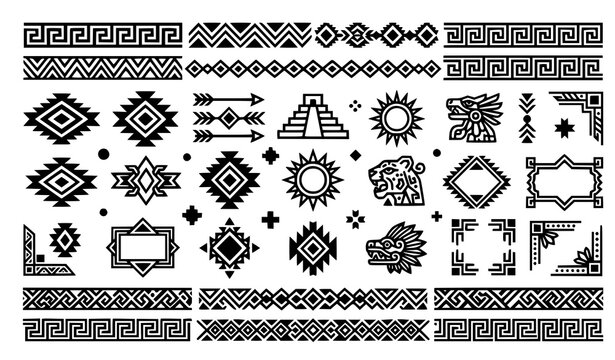Aztec Mayan Tribal Pattern Set with Geometric Border, Pyramid, Sun, Serpent, Frame, and Diamond Ornament Elements for Boho Designs
