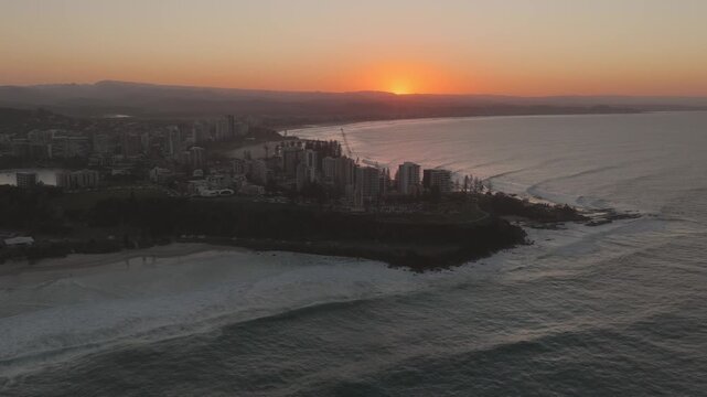 Snapper Rocks And Coastline Of Coolangatta At Sunrise On Gold Coast, Queensland. aerial shot