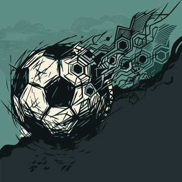 Abstract soccer ball rolled down the mountain hand drawn linocut style on turquoise square background have blank space.