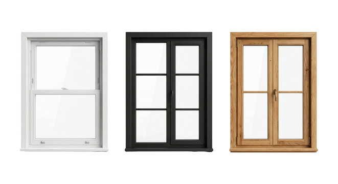 Assorted modern home window frames row, isolated on transparent background