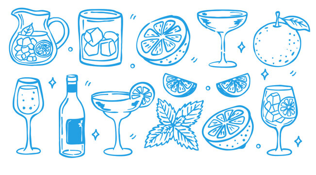 Hand drawn summer line art set of cocktails, citrus fruits, wine glasses, bottles, and garnishes. Fun, colorful doodle illustration for posters, stickers, and seasonal designs