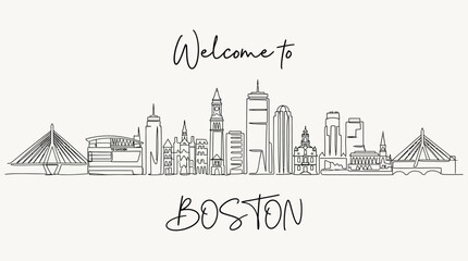 Fototapeta premium Boston Skyline Line Drawing - Welcome Sign, Cityscape, Black and White Illustration