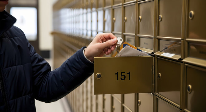 Close-up of a person using a key to open a secure numbered mailbox compartment to retrieve mail in a public post office facility