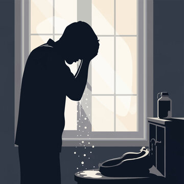 Silhouette of a Muslim man performing wudu ritual ablution by washing his face with water over a basin. Indoors setting with a window background and faucet details. Flat vector art.