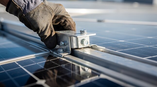 Close-up of solar panel installation by gloved hand on rooftop.