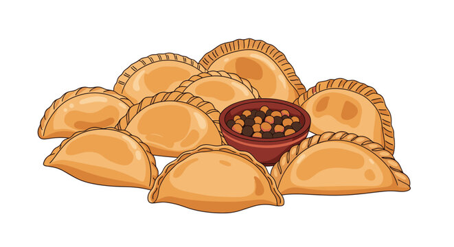 Group of golden baked empanadas arranged around a small bowl of dark dipping sauce on a clean white background for food presentation.