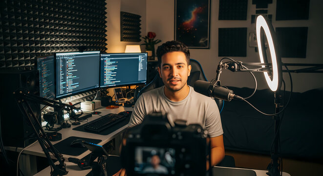 Young Professional Male Content Creator Recording Educational Programming Tutorials in a Modern Home Office Studio Setup