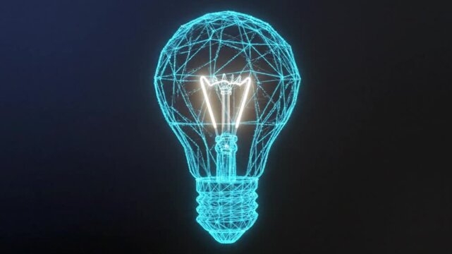 Conceptual glowing lightbulb formed from a digital network of glowing blue lines against a dark background, representing innovation and ideas