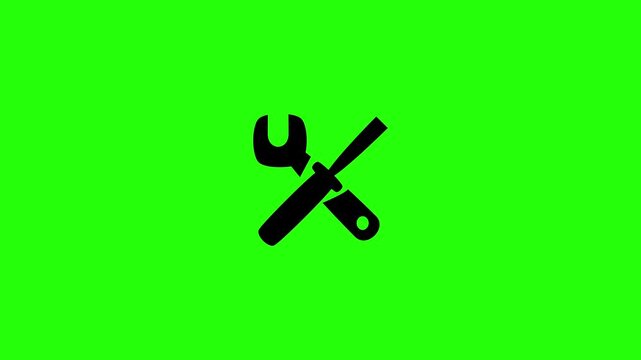 High definition 4K horizontal clip of a crossed maintenance wrench tool and screwdriver gear bouncing on view. Dynamic popup element for equipment repair customization engineering factory setup screen