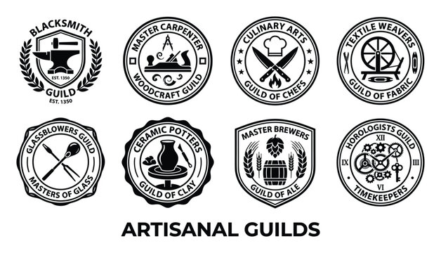 Artisanal guilds emblems for master craftsmen in blacksmith carpentry culinary textile glass pottery brewing timekeeping.