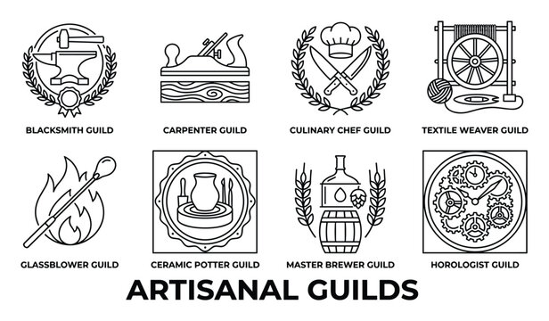 Artisanal guilds representing traditional crafts like blacksmith carpentry culinary textiles glass pottery brewing horology.