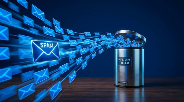 Digital spam emails are filtered and discarded into a trash can by advanced AI technology, representing online security and clean inboxes.