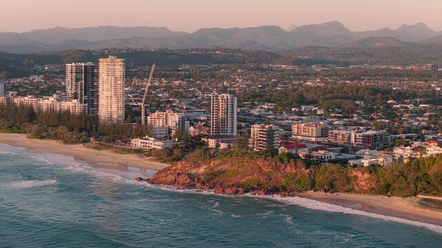 Coastline Of Burleigh Heads At Sunrise In Gold Coast, QLD, Australia - Drone Shot