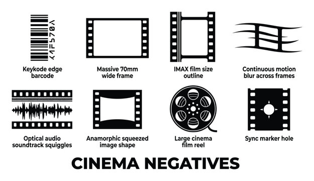 Cinema negative film formats and elements icons including barcodes, aspect ratios and film reel.
