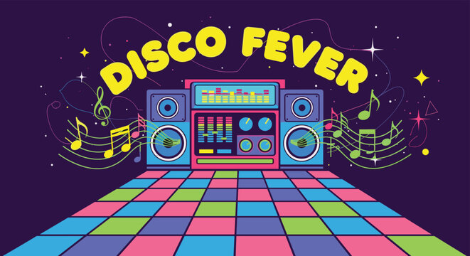 Colorful disco fever scene features retro boombox speaker on a vibrant dance floor with musical notes and stars.