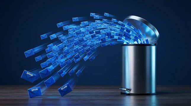 Digital Envelopes Labeled Spam and Scam Flying Into a Metal Trash Can with a Lid Open, Representing Email Deletion